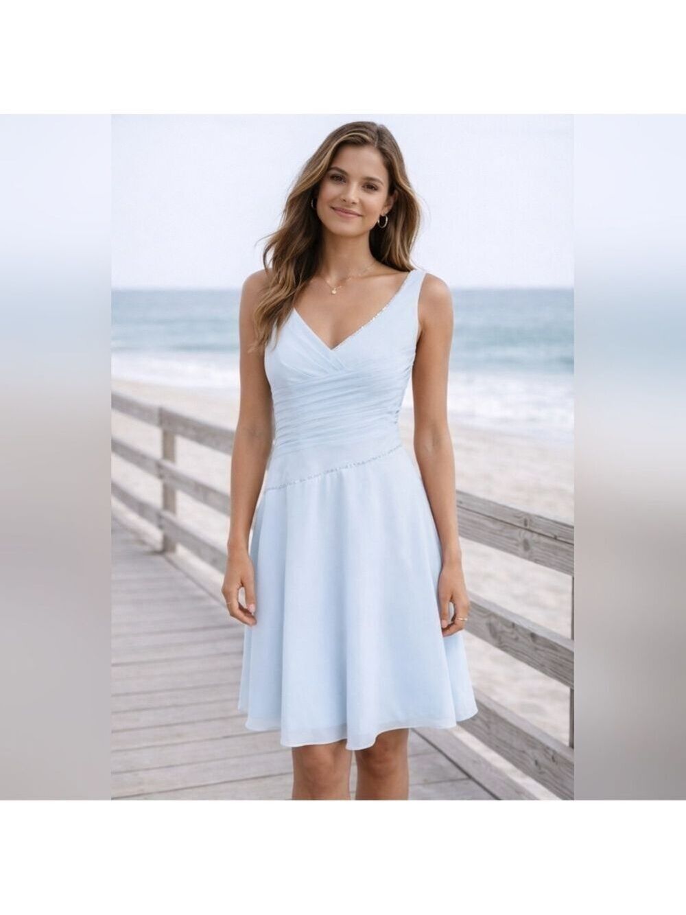 JJ's House Pale Blue Chiffon Sequins V plunge Elegant Formal Dress Prom Size 6